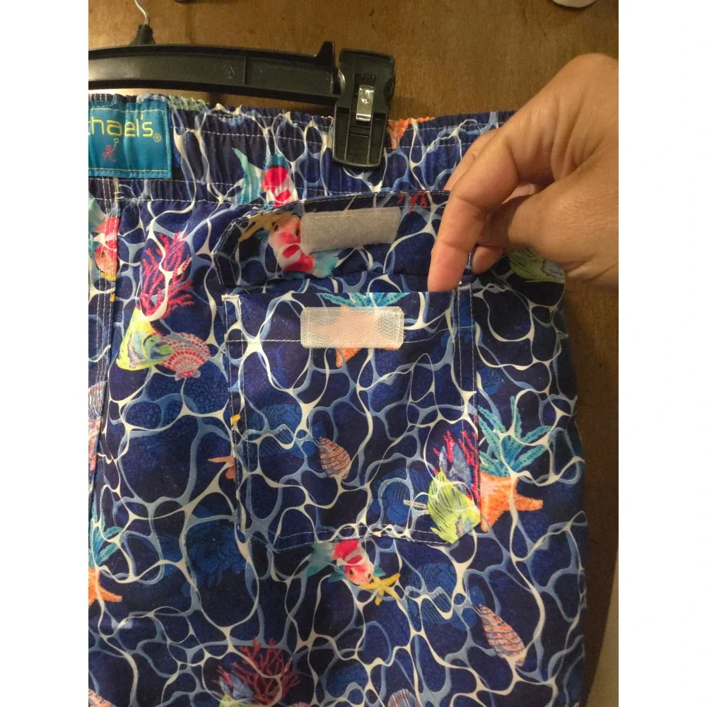Michaels Mens XL Swim Trunks Blue Aquatic Fish Starfish Print Mesh Lined Shorts